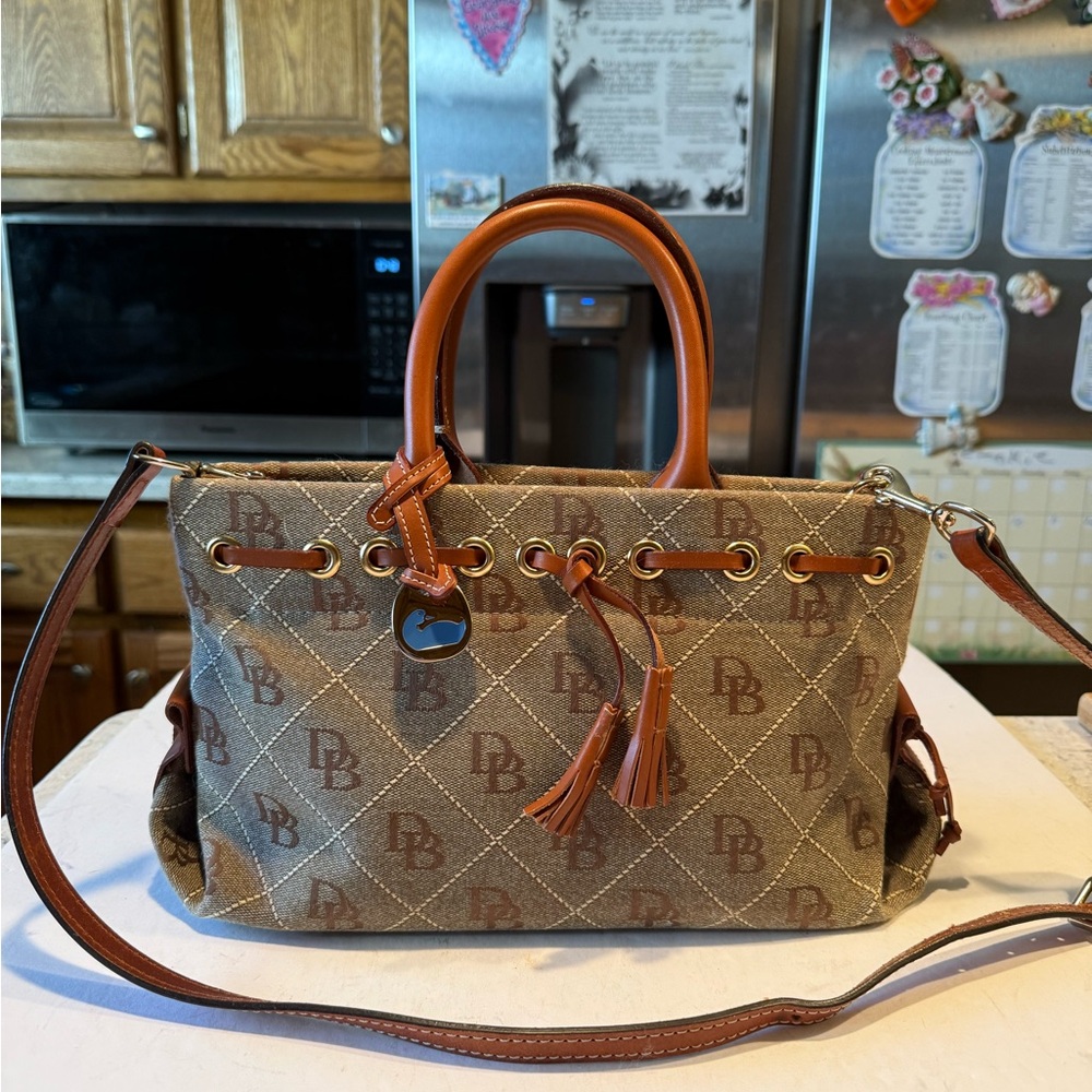 Dooney Bourke Brown  Monogram Canvas  Leather Tassel Tote Shoulderbag